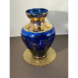 Venetian Style Murano Hand Blown Glass Vase Gold & Red